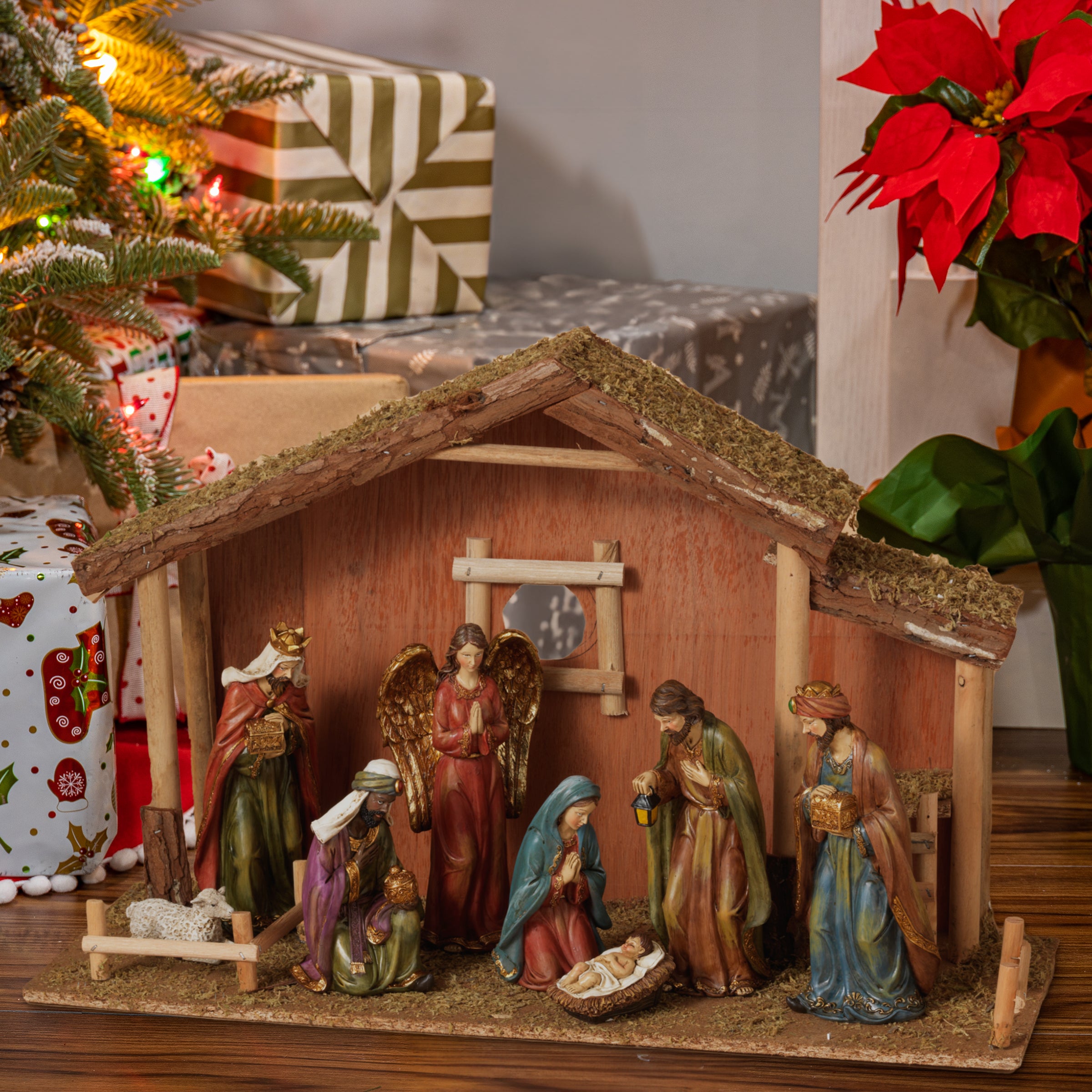 9 Piece Traditional Religious Nativity Scene with Moss Stable