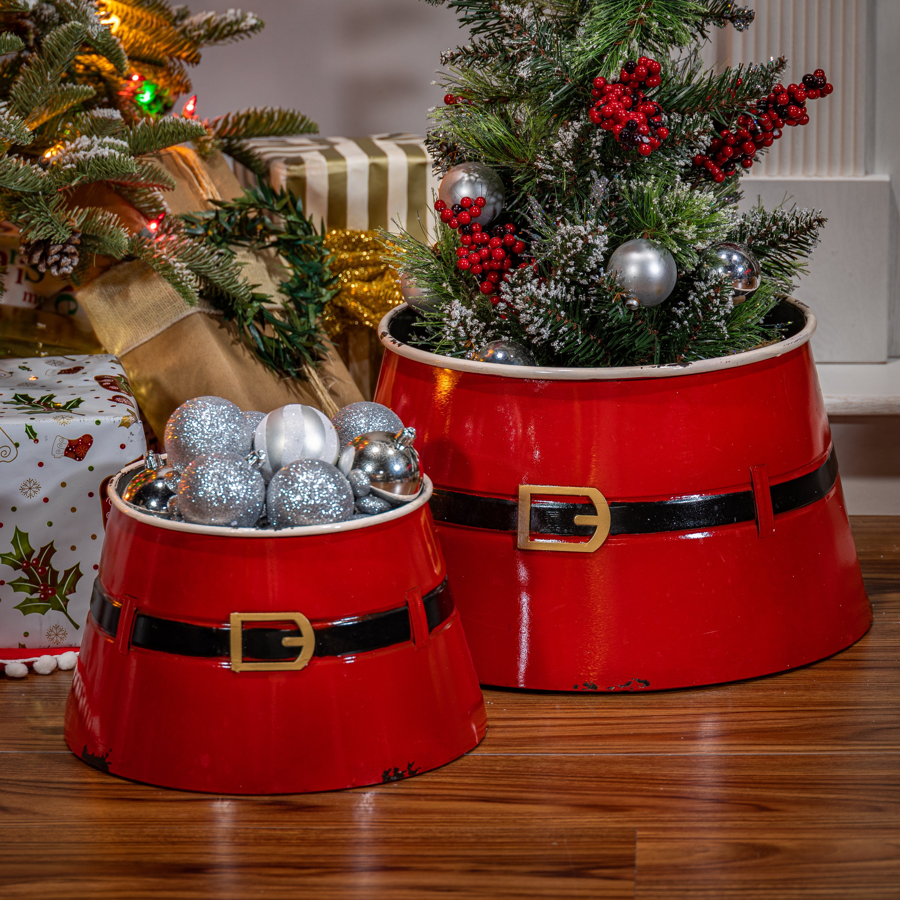 Set of 2 nesting metal Santa belt mini tree collars