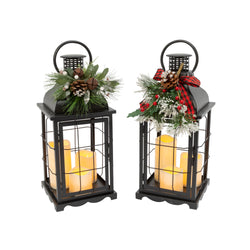 Set of 2 18.1-in H Battery- Operated Lighted Metal Holiday Lantern with 3 LED Candles Each & Floral Accent