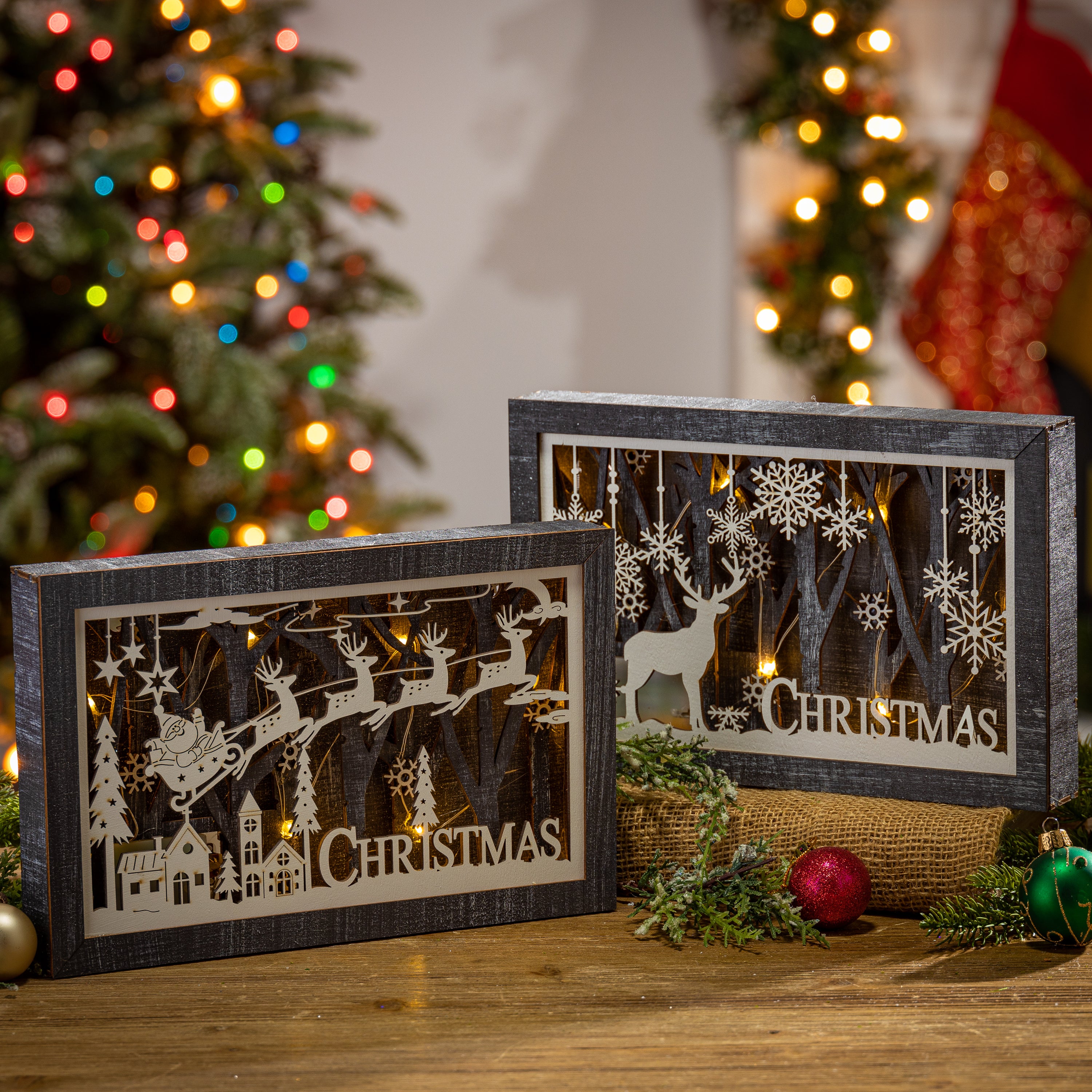 Set of 2 11-in Battery- Operated Lighted Laser Cut Wood Holiday Scene Wall Decor