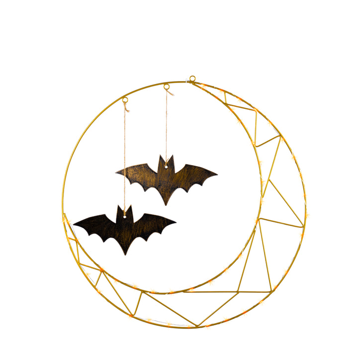 24 in Lighted Champagne Metal Halloween Wreath with Bats Decor