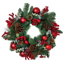 24 in Holiday Wreath with Pinecones, Red Berries and Ornaments