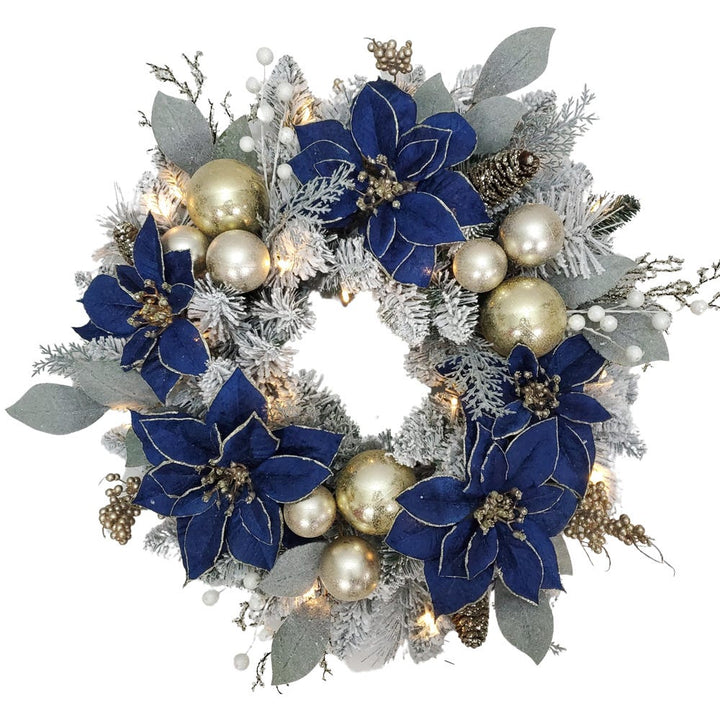 Kurt Adler 24-Inch Blue and Gold Poinsettia Decorated Flocked Wreath