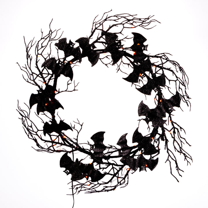 18 in Black Twig Halloween Wreath with Bats and Orange LEDs