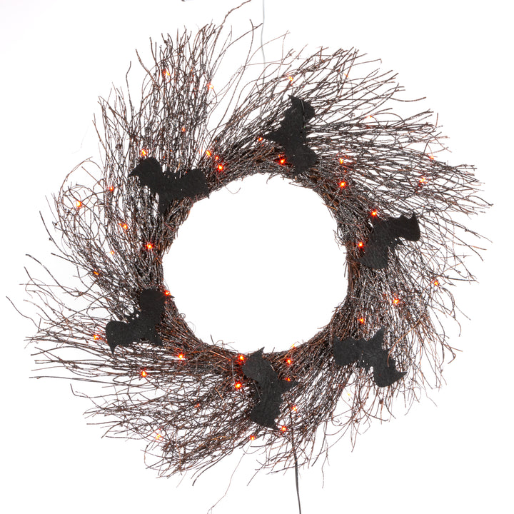 20 in Black Halloween Twig Wreath with Bats and Orange LEDs