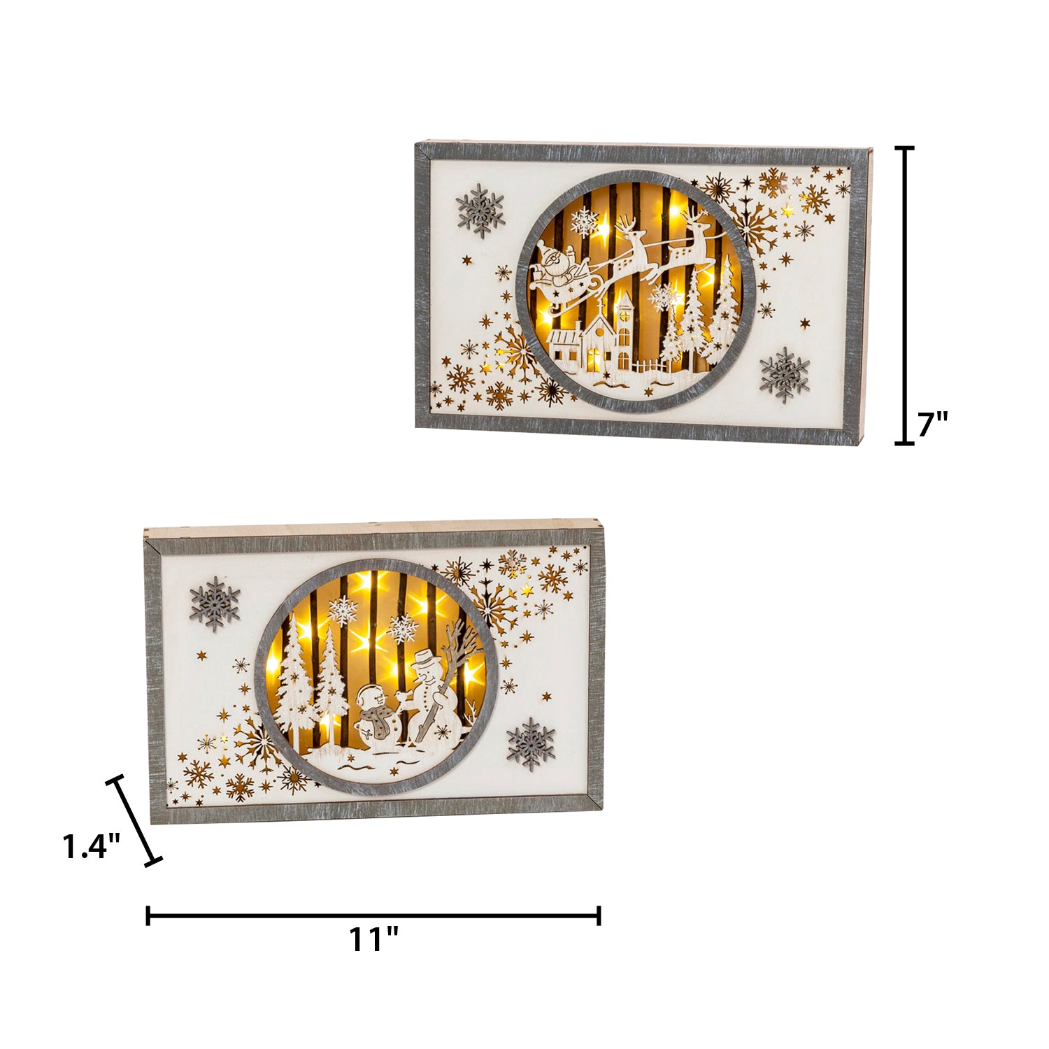 Set of 2 11-in Battery- Operated Lighted Laser Cut Wood Holiday Scene Wall Decor