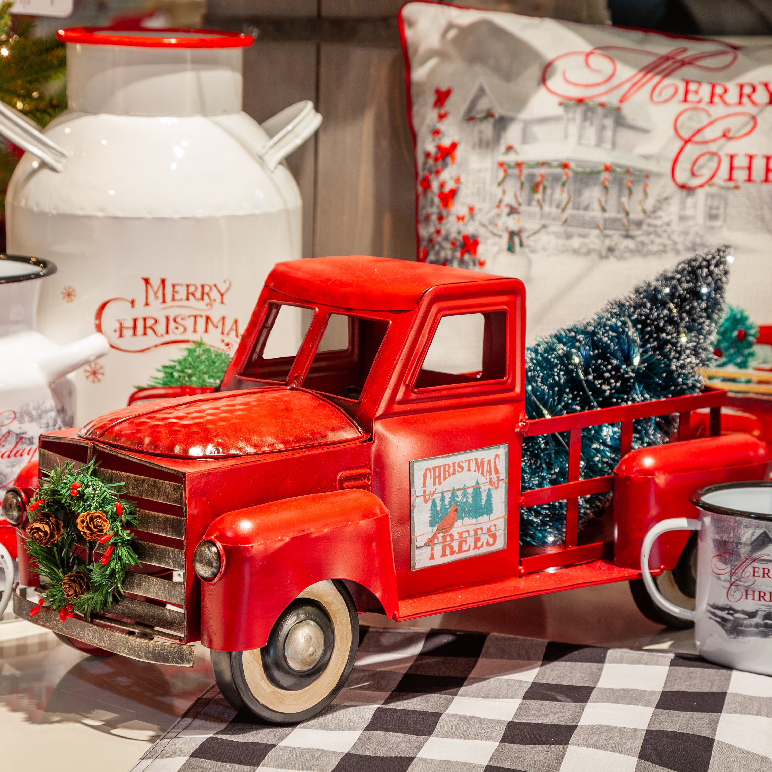 Vintage Red Metal Truck with Lighted Christmas Tree, Decor