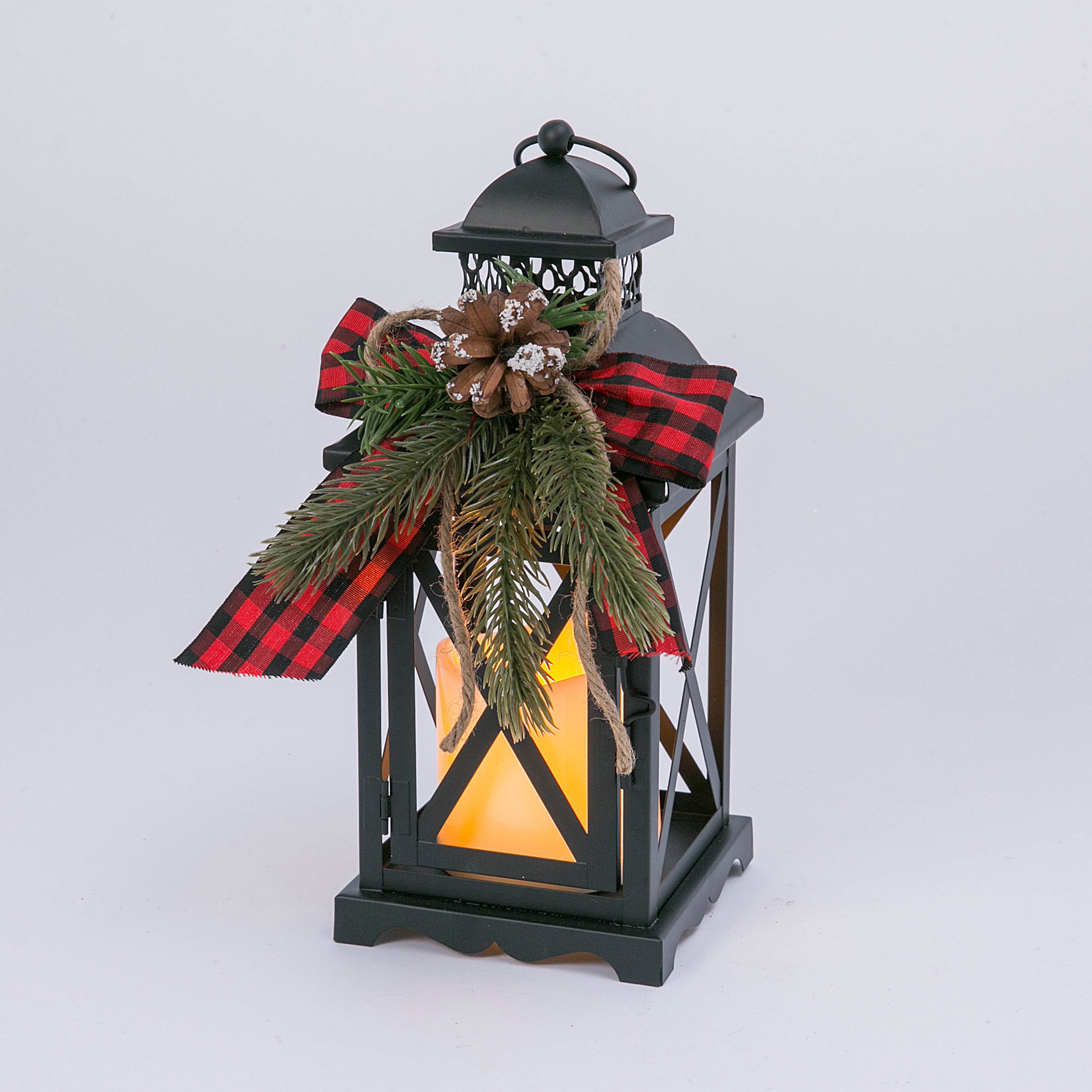 Set of 2 Metal Holiday Lanterns with Candle and Floral Accents